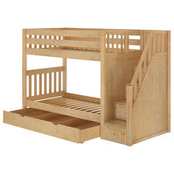 Wooden bunk bed with stairs and pull-out storage drawer, perfect for maximizing space in children's bedrooms.