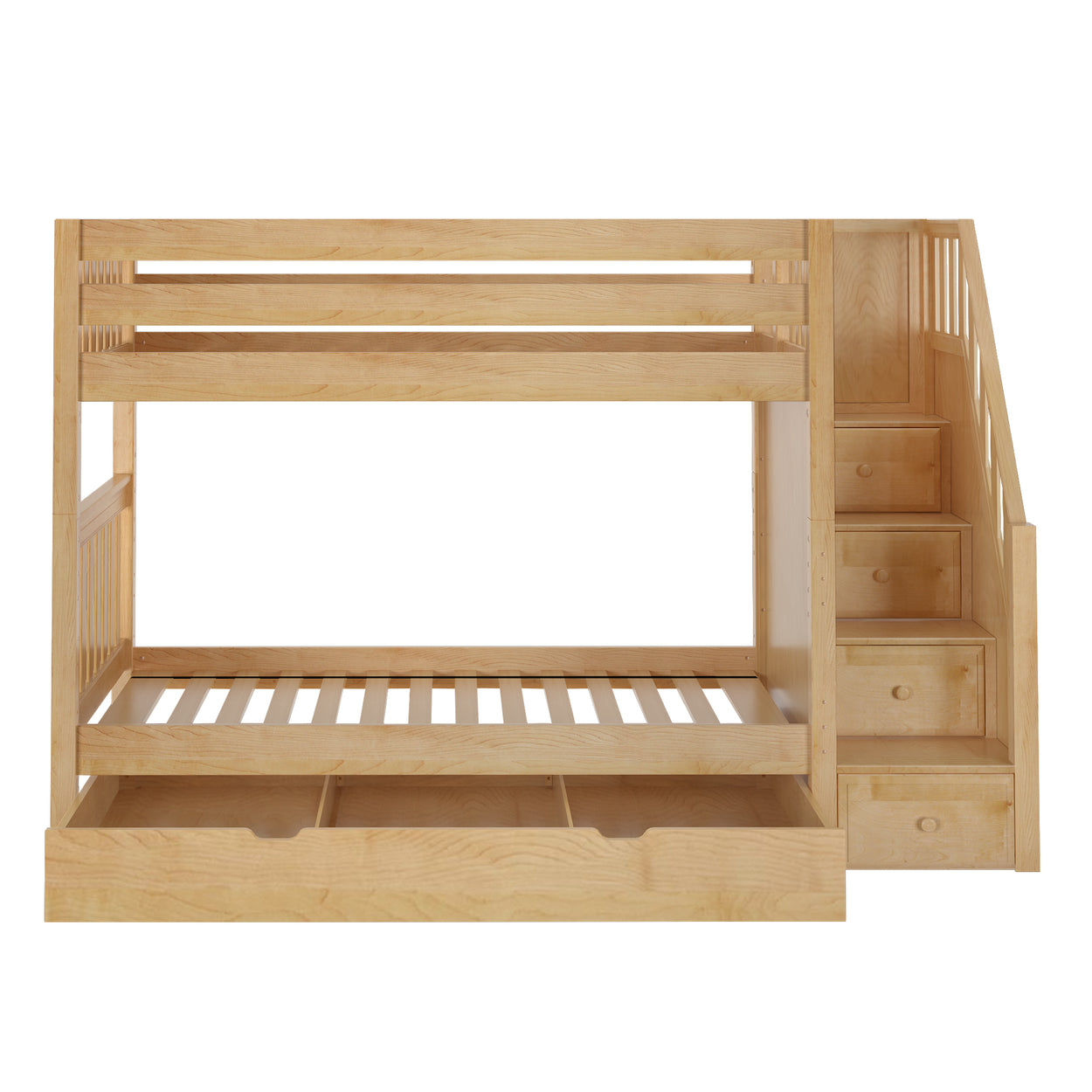 Wooden bunk bed with integrated staircase and storage drawers.