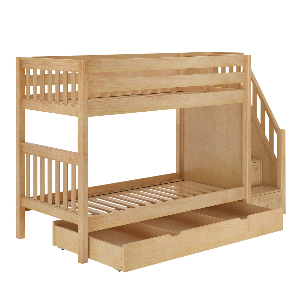 Wooden bunk bed with stairs and pull-out storage drawer.