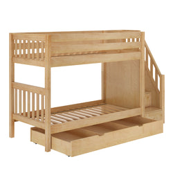 Wooden bunk bed with stairs and pull-out storage drawer.