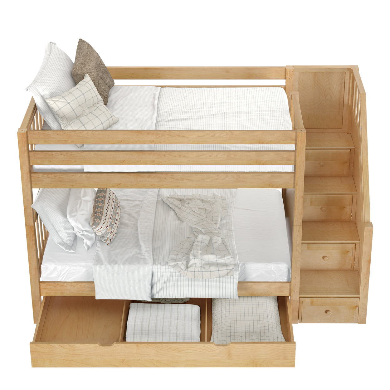 Wooden bunk bed with integrated staircase and storage drawers, featuring striped bedding and decorative pillows.