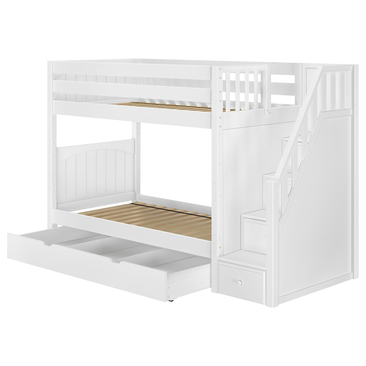 White wooden bunk bed with steps, storage drawers, and pull-out trundle bed.