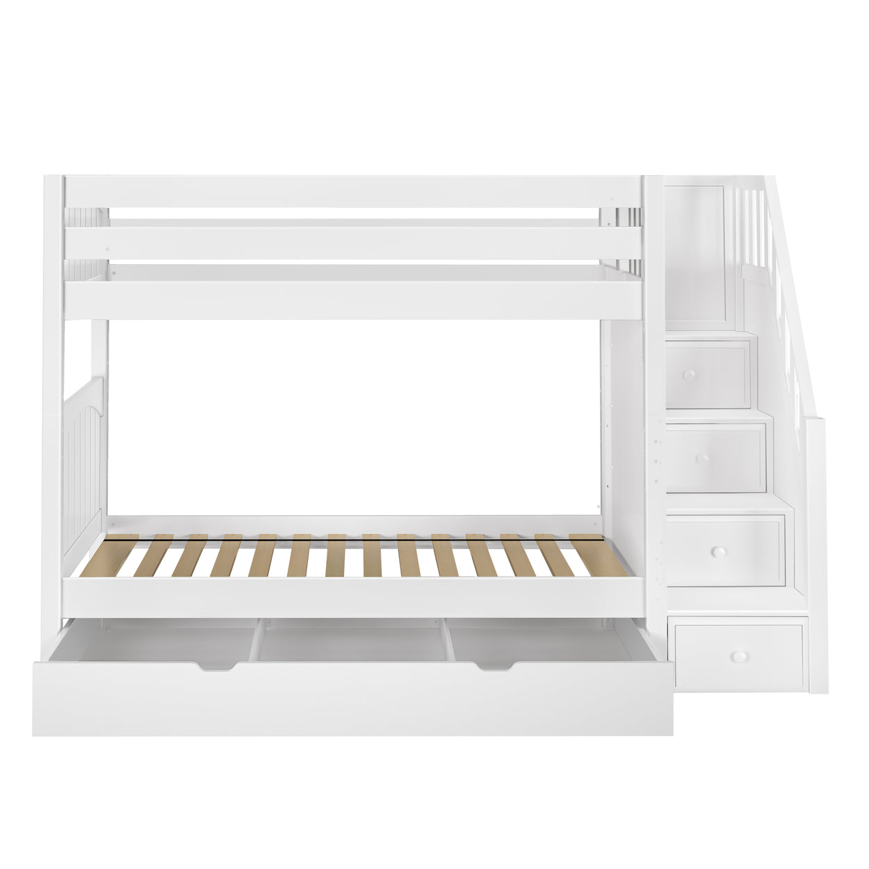 White wooden bunk bed with built-in storage drawers and staircase.
