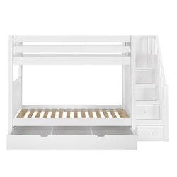White wooden bunk bed with built-in storage drawers and staircase.