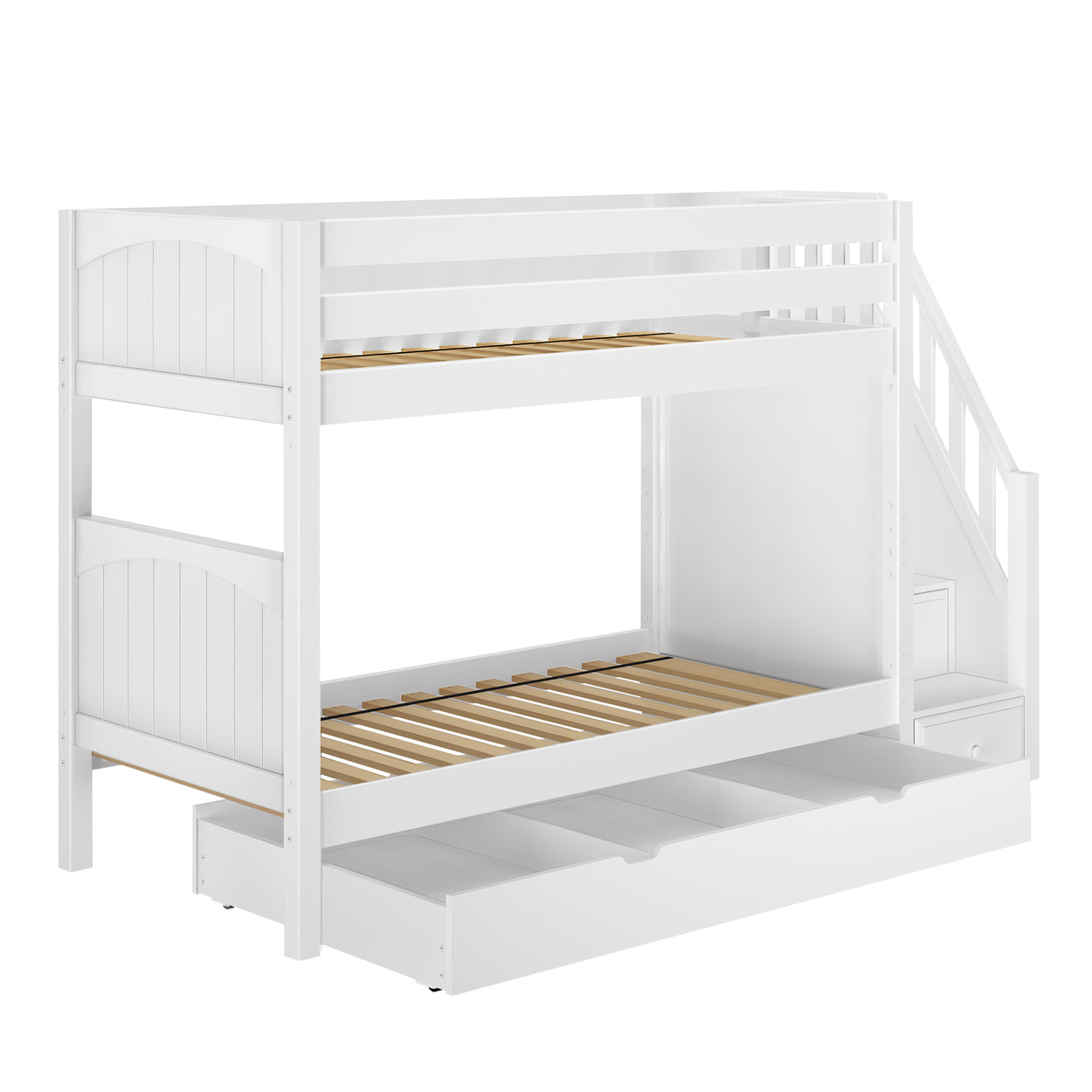 White wooden bunk bed with built-in stairs and storage drawers for kids' room furniture.