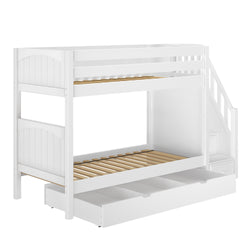 White wooden bunk bed with built-in stairs and storage drawers for kids' room furniture.