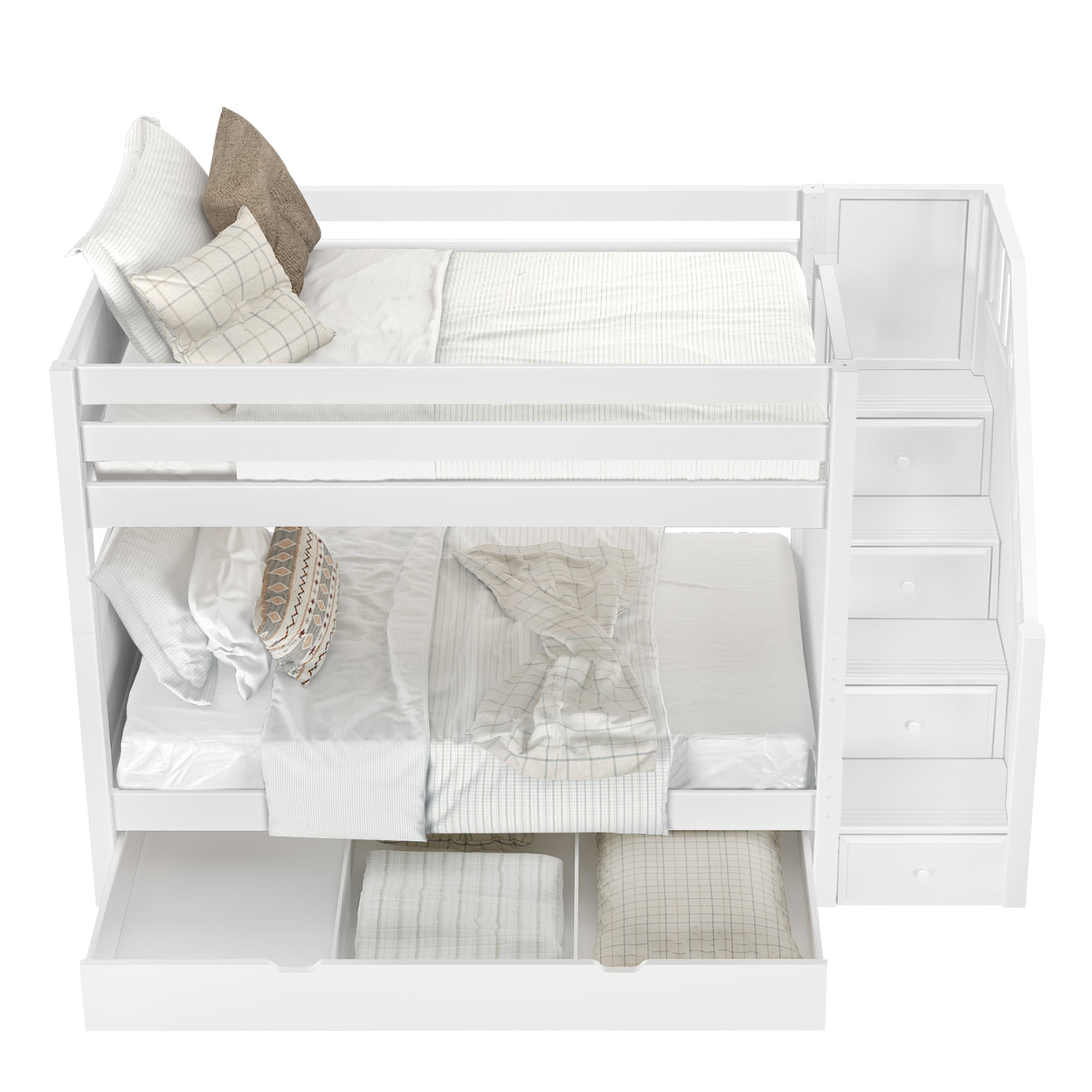 White wooden bunk bed with staircase and storage drawers, featuring neatly arranged bedding and pillows, ideal for maximizing space in children's rooms.