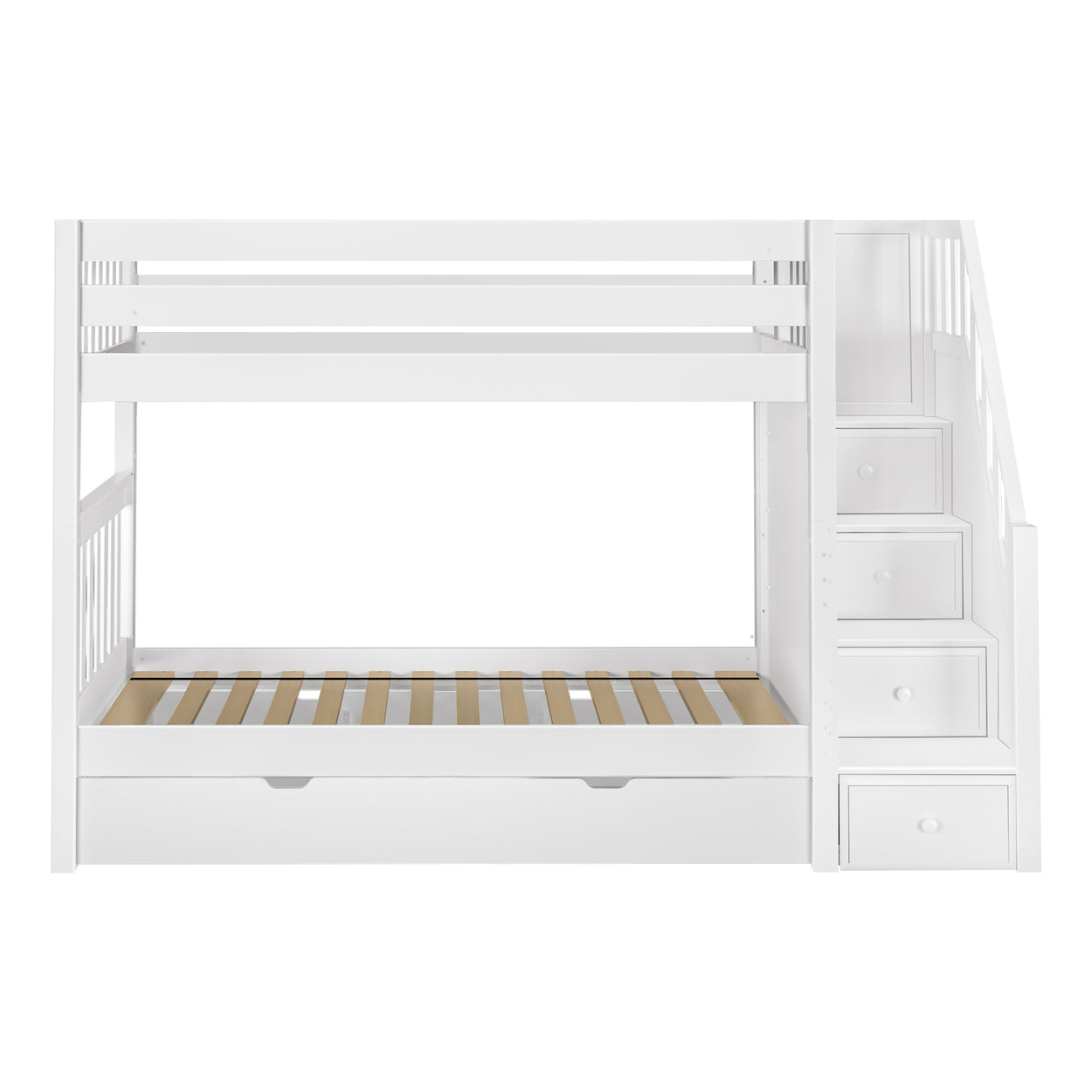 White wooden bunk bed with drawer storage and staircase steps, perfect for maximized space in kids' bedrooms.