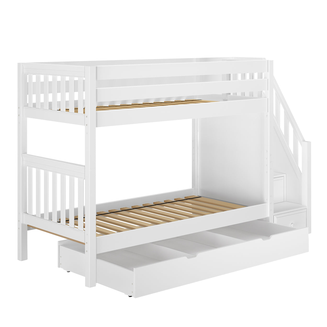 White bunk bed with storage drawers and side staircase, perfect for maximizing space in kids' rooms.