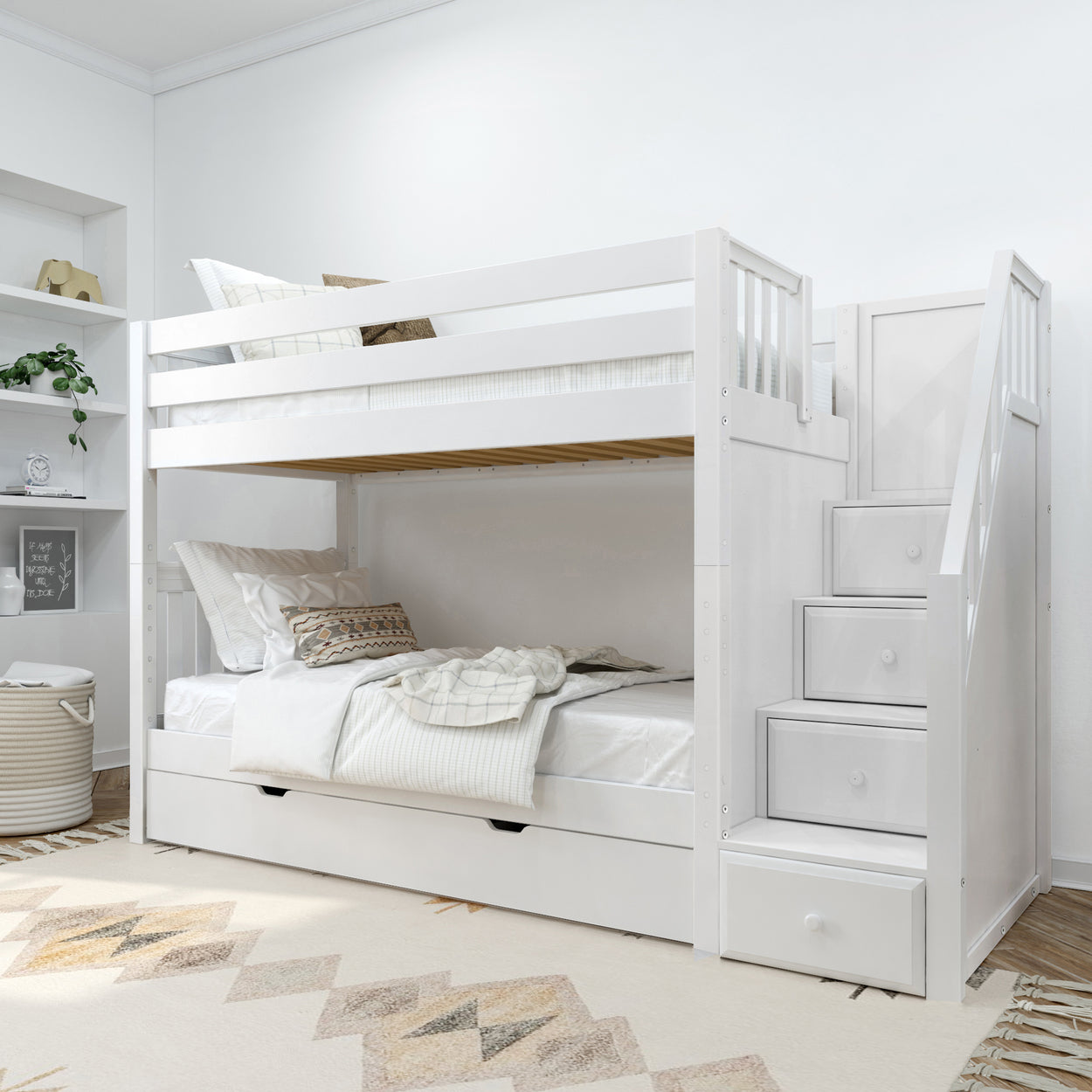 White wooden bunk bed with stair storage in a modern bedroom setting.