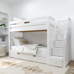 White wooden bunk bed with stair storage in a modern bedroom setting.