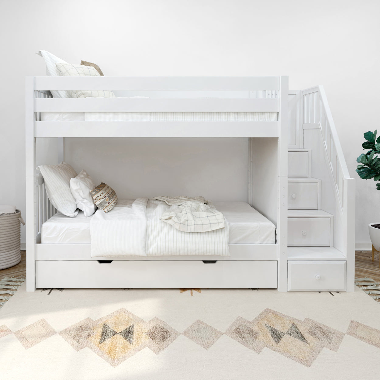 White wooden bunk bed with built-in storage stairs in a modern bedroom setting.