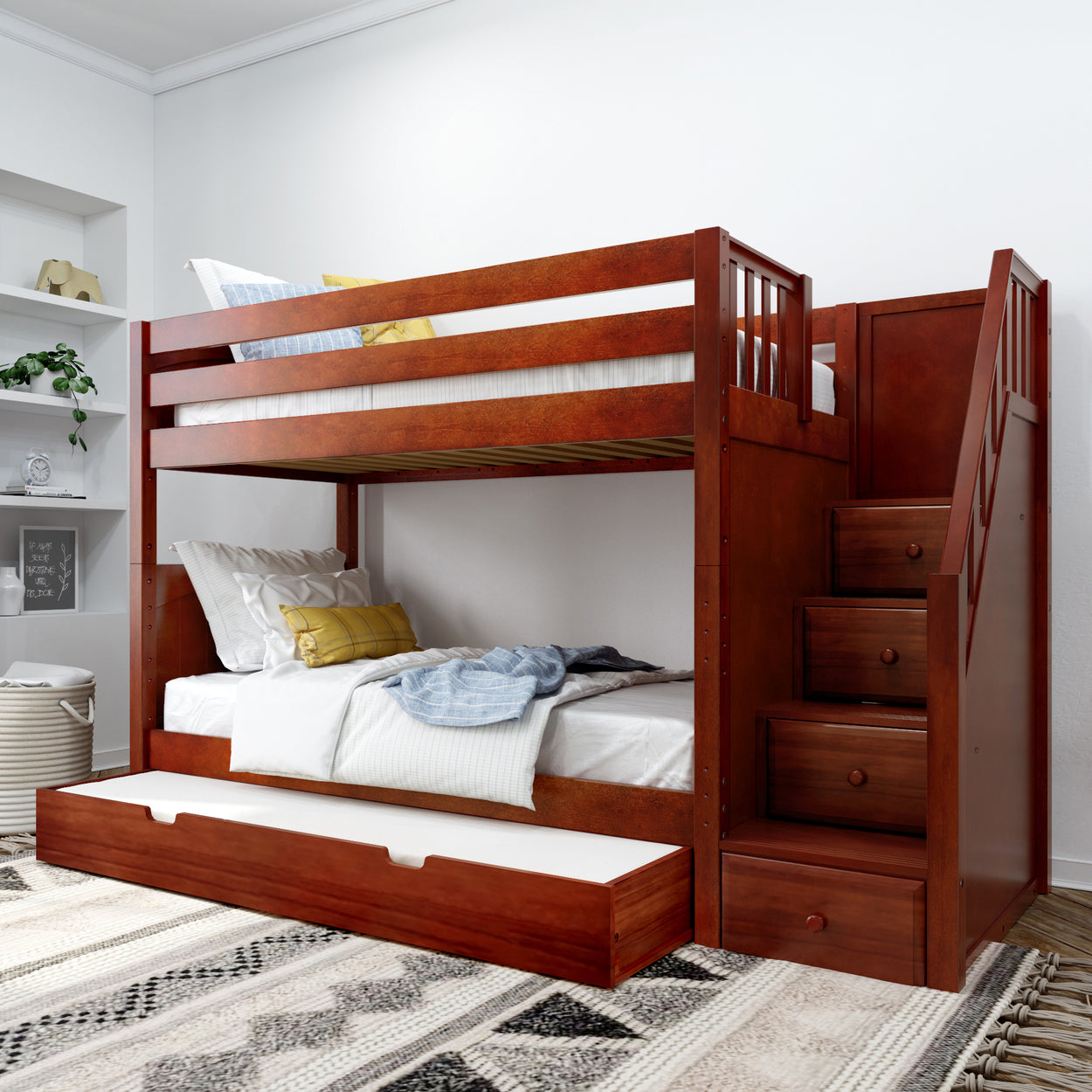 Wooden bunk bed with built-in staircase and storage drawers in a modern bedroom setting.