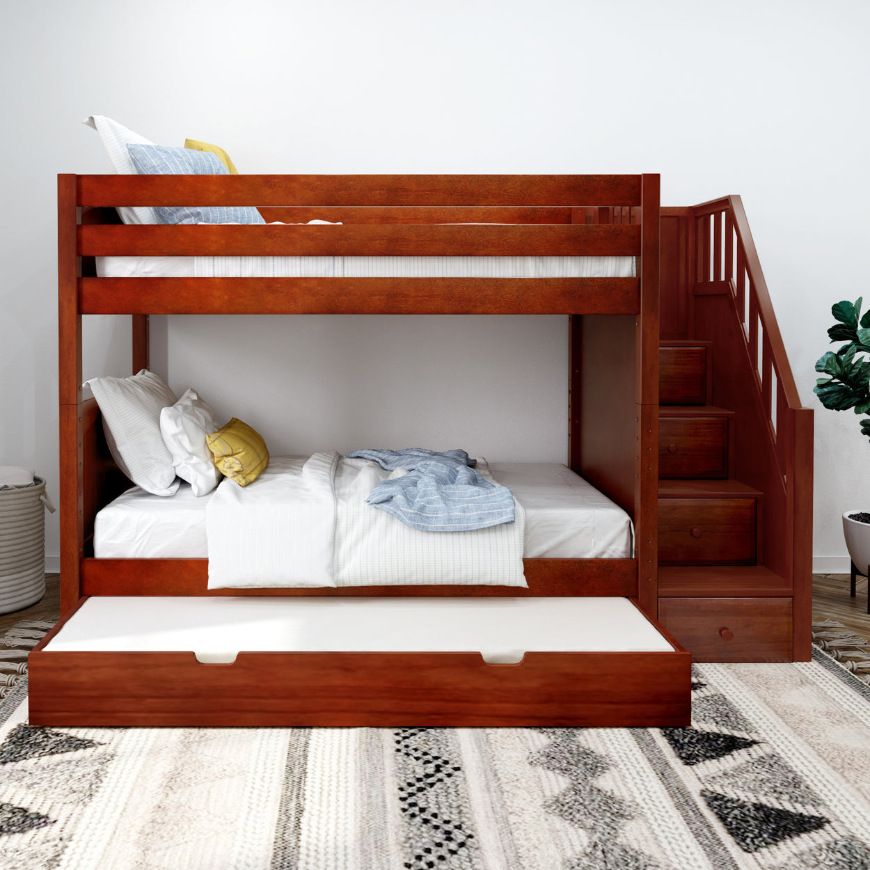 Wooden bunk bed with trundle and staircase storage in modern bedroom.