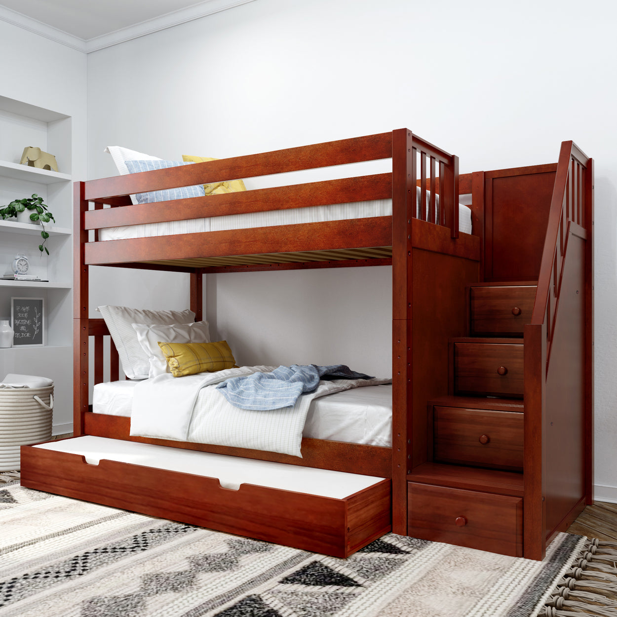 Elegant wooden bunk bed with stairs and storage drawers in a modern bedroom setting.