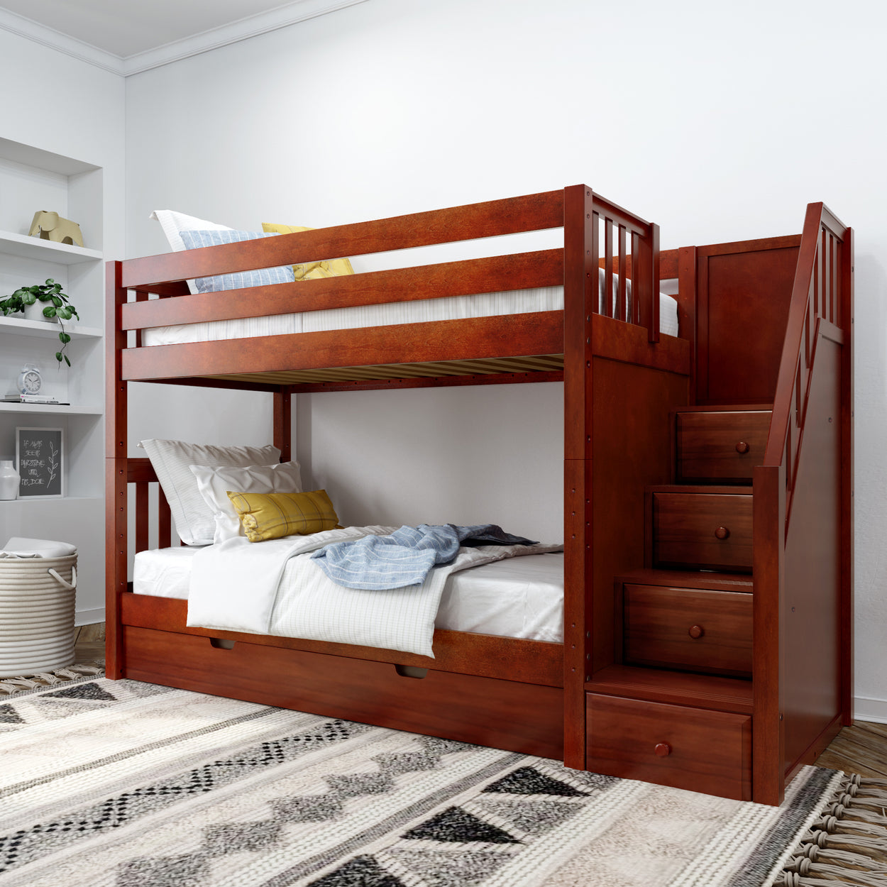 Wooden bunk bed with staircase storage in modern bedroom.