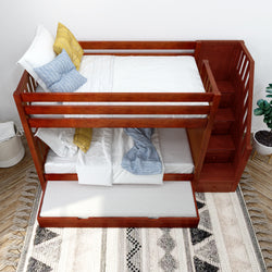 Wooden bunk bed with stairs, white bedding, and colorful pillows in a cozy bedroom setting.