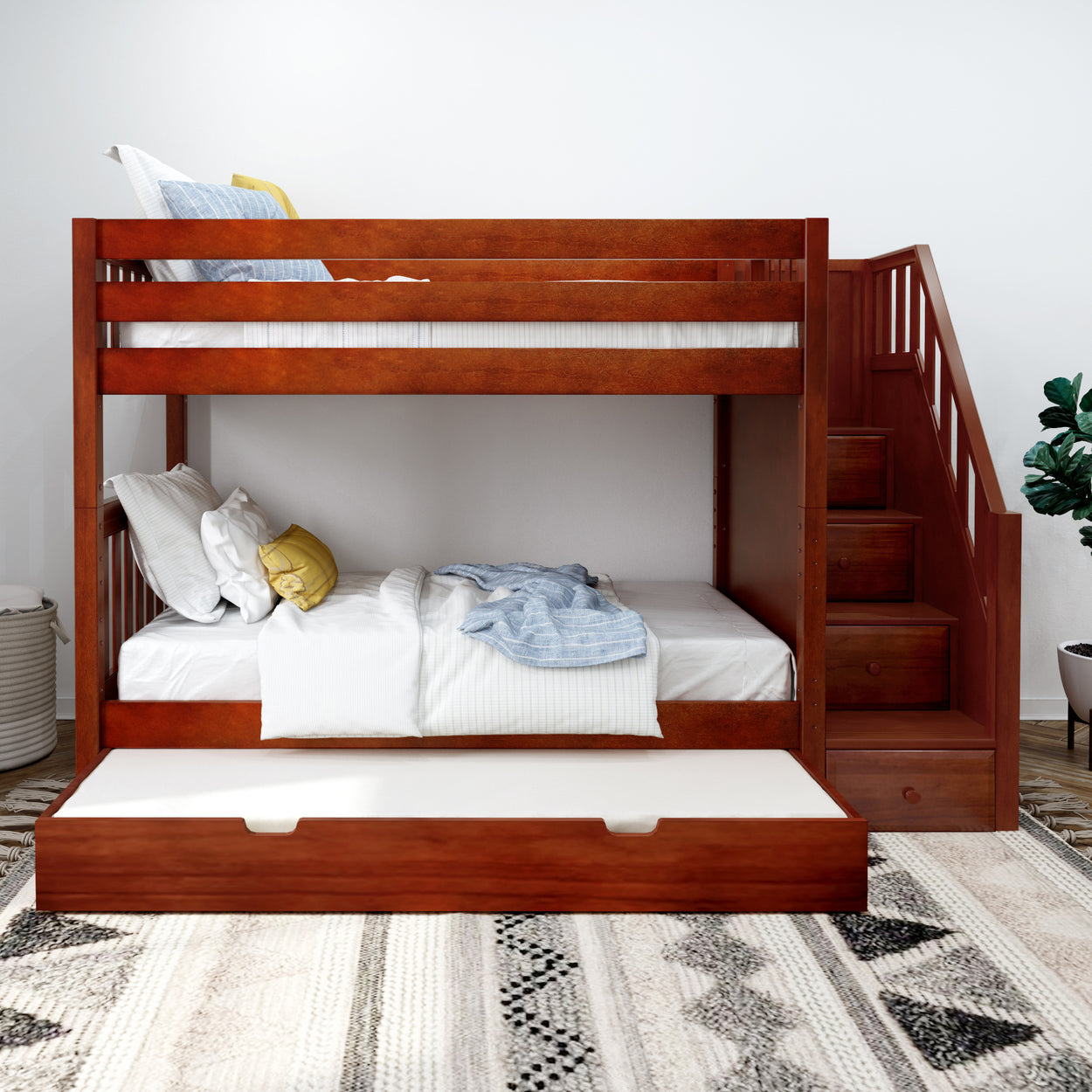 Wooden bunk bed with built-in stairs and trundle for extra storage in modern bedroom.