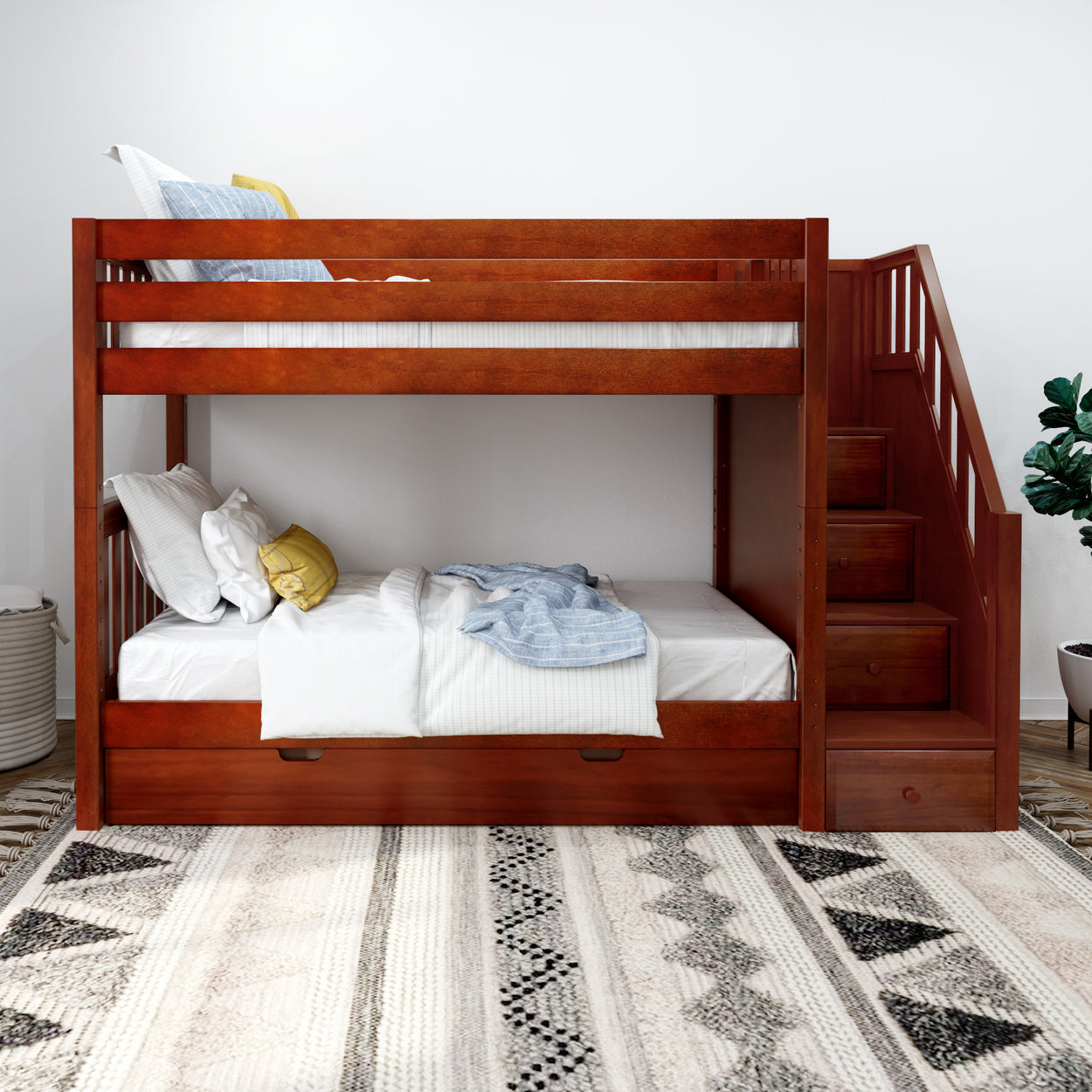 Wooden bunk bed with stairs in a modern bedroom setting.
