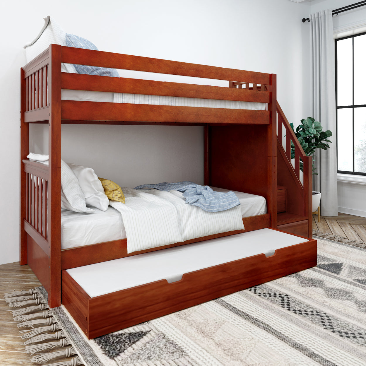 Kids' wooden bunk bed with pull-out trundle storage in a bright bedroom.