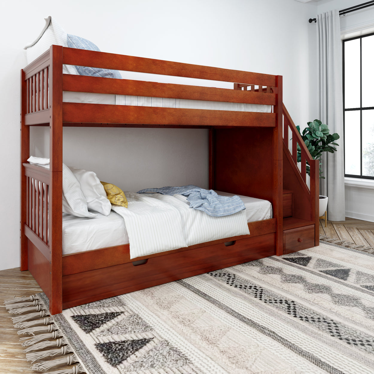 Wooden bunk bed with storage drawers and cozy bedding in a bright bedroom.