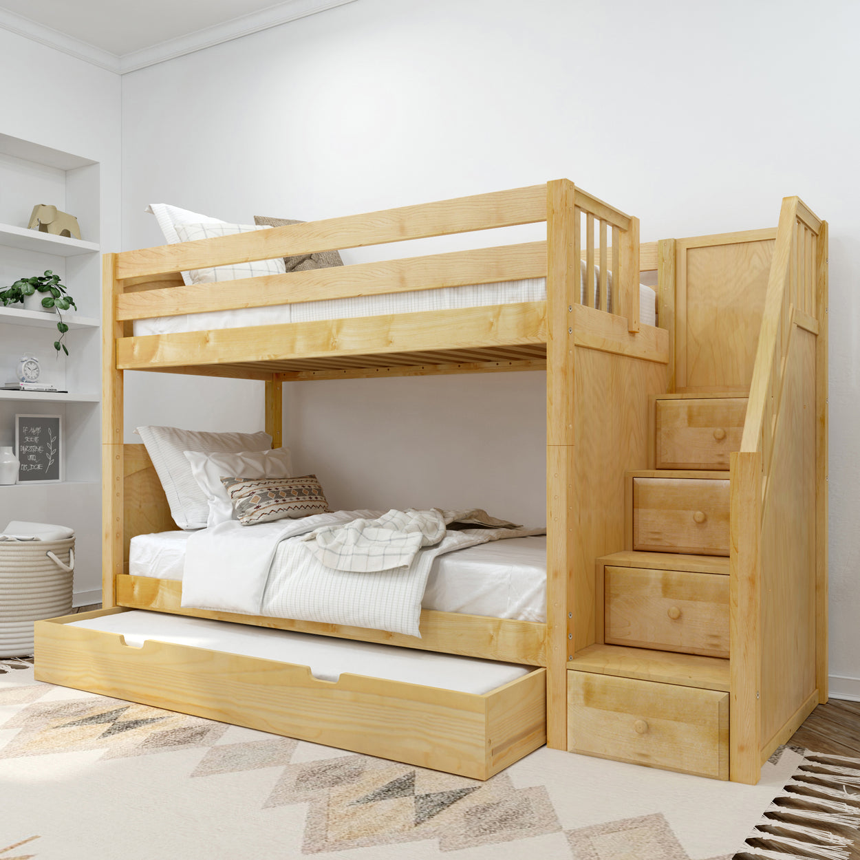 Wooden bunk bed with staircase and storage drawers in a modern bedroom setting.
