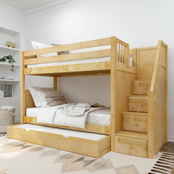 Wooden bunk bed with staircase and storage drawers in a modern bedroom setting.