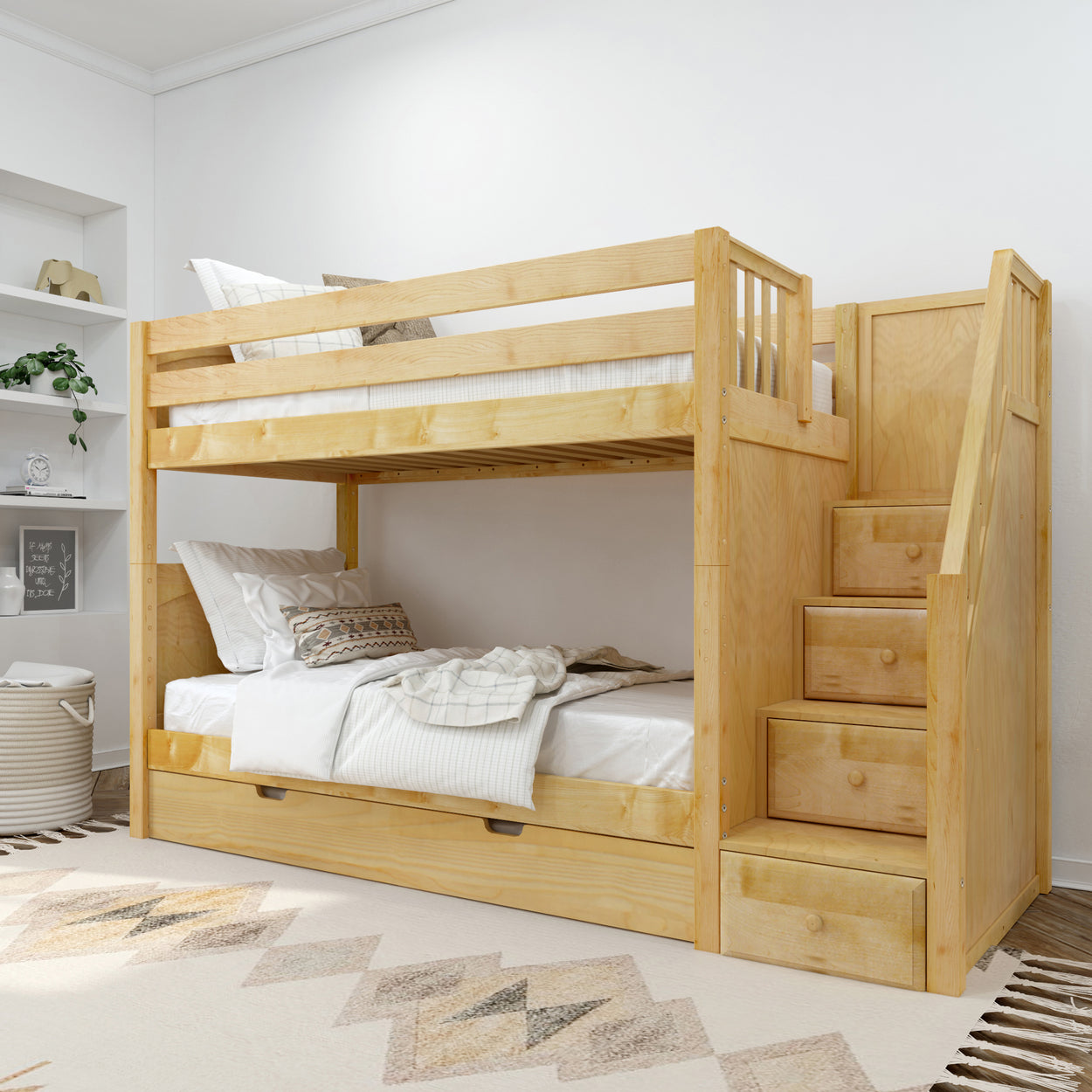 Wooden bunk bed with staircase and storage in modern bedroom setting.