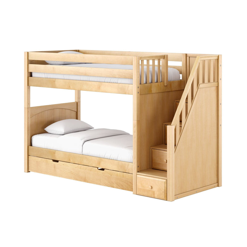 Solid maple bunk bed with staircase and built-in drawers, twin-over-full loft bed with safety rails and white bedding, modern children's bedroom furniture