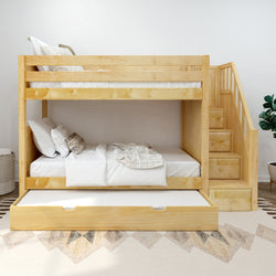 Wooden bunk bed with stairs and pull-out storage in a modern bedroom setting.