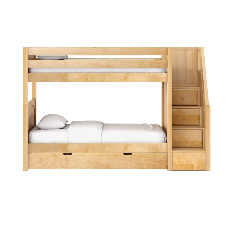 Light wood bunk bed with staircase storage drawers, built-in trundle and white bedding — kids' bedroom furniture