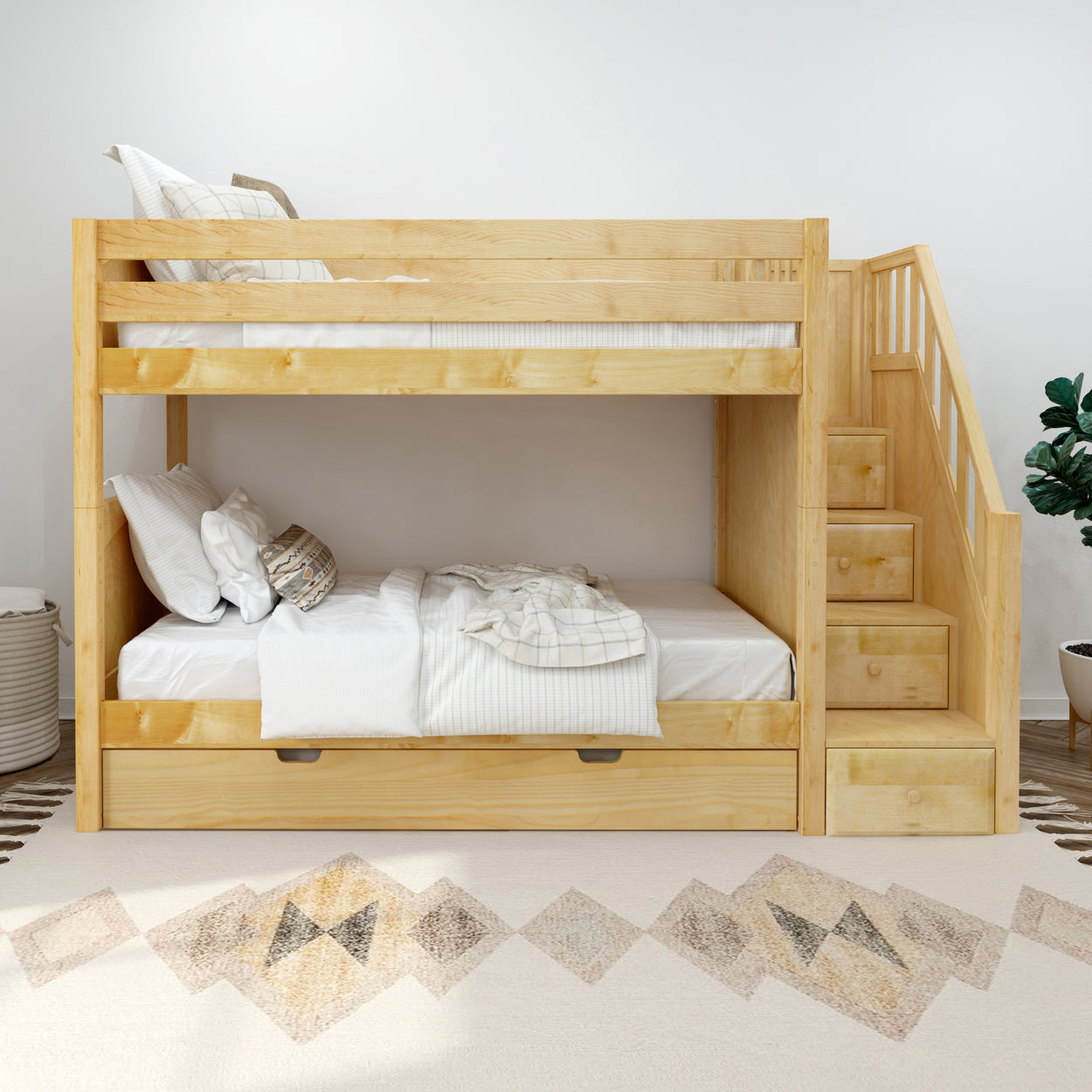 Natural wood bunk bed with stairs and storage in a modern bedroom setting.