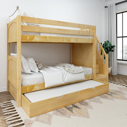 Wooden bunk bed with built-in stairs and trundle underneath in a modern bedroom.