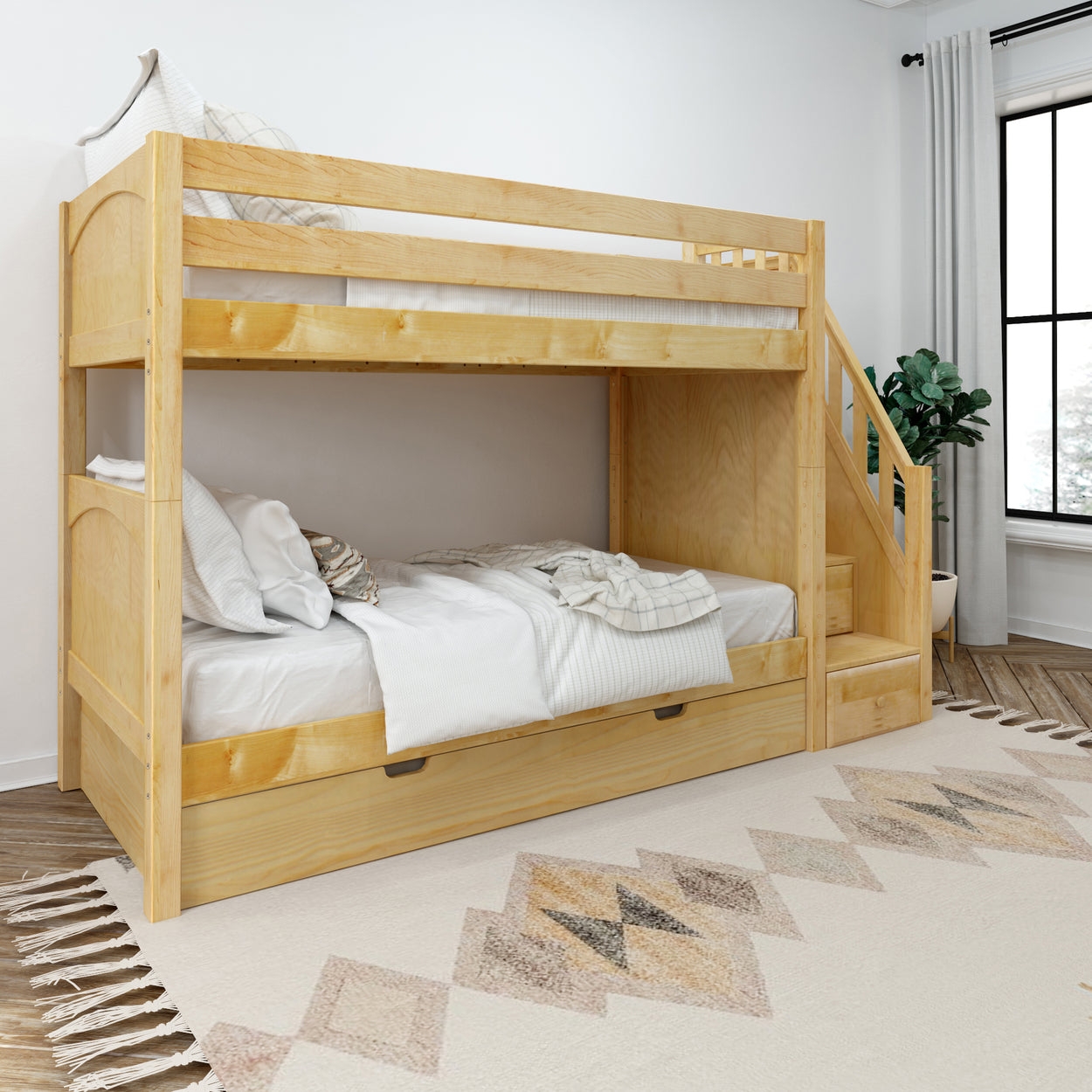 Wooden bunk bed with storage staircase in a stylish modern bedroom.