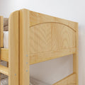 Close-up of light natural wood bunk bed headboard and guardrail with exposed metal bolts — solid wood bunk bed frame for kids' bedroom