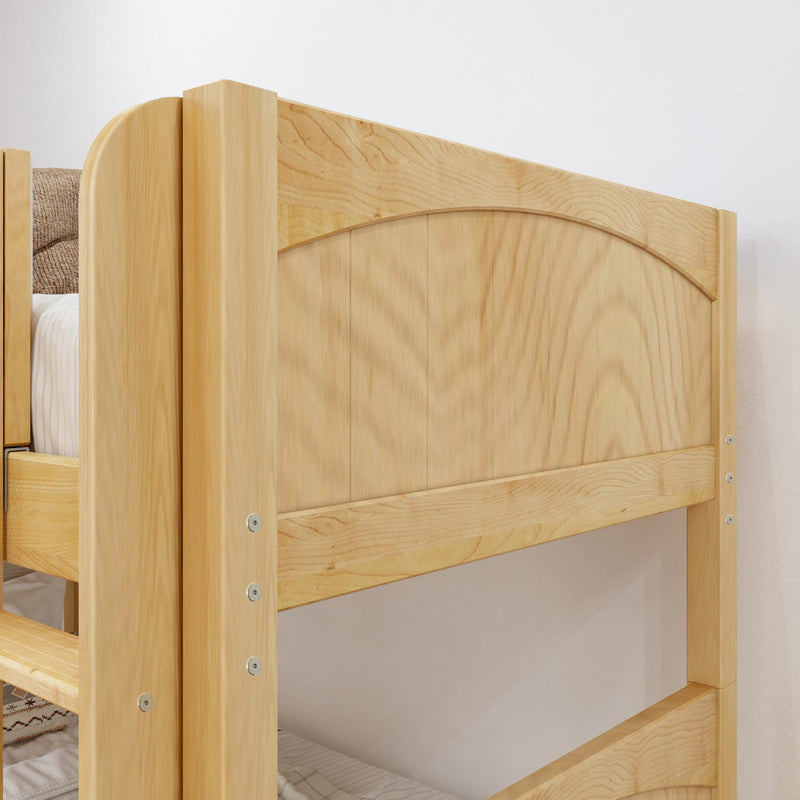 Close-up of light natural wood bunk bed headboard and guardrail with exposed metal bolts — solid wood bunk bed frame for kids' bedroom