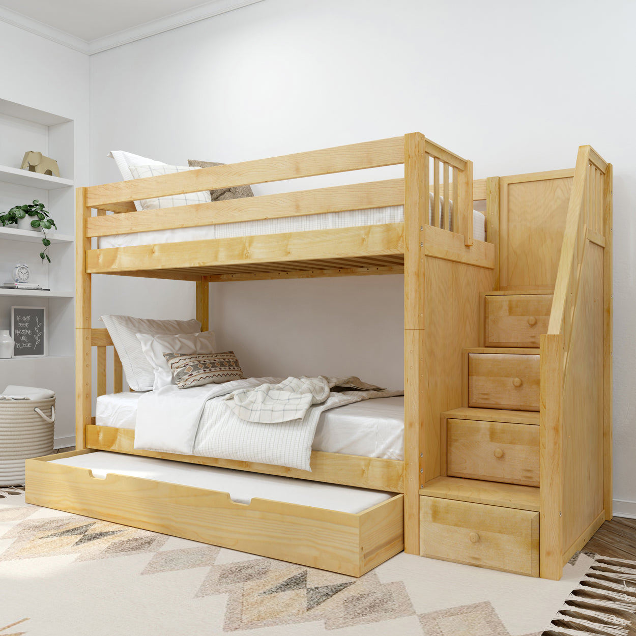 Wooden bunk bed with staircase and trundle drawer in modern bedroom setting.
