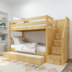 Wooden bunk bed with staircase and trundle drawer in modern bedroom setting.