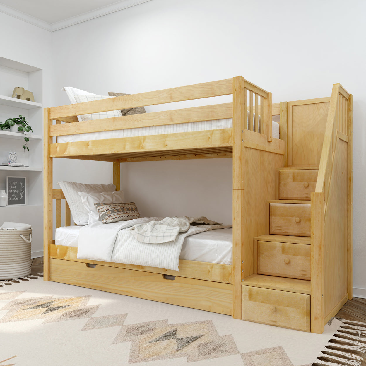 Wooden bunk bed with built-in storage stairs in a cozy bedroom setting.