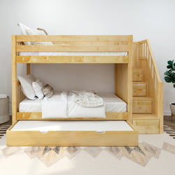 Stylish wooden bunk bed with stairs and pull-out trundle in a modern kids' room.