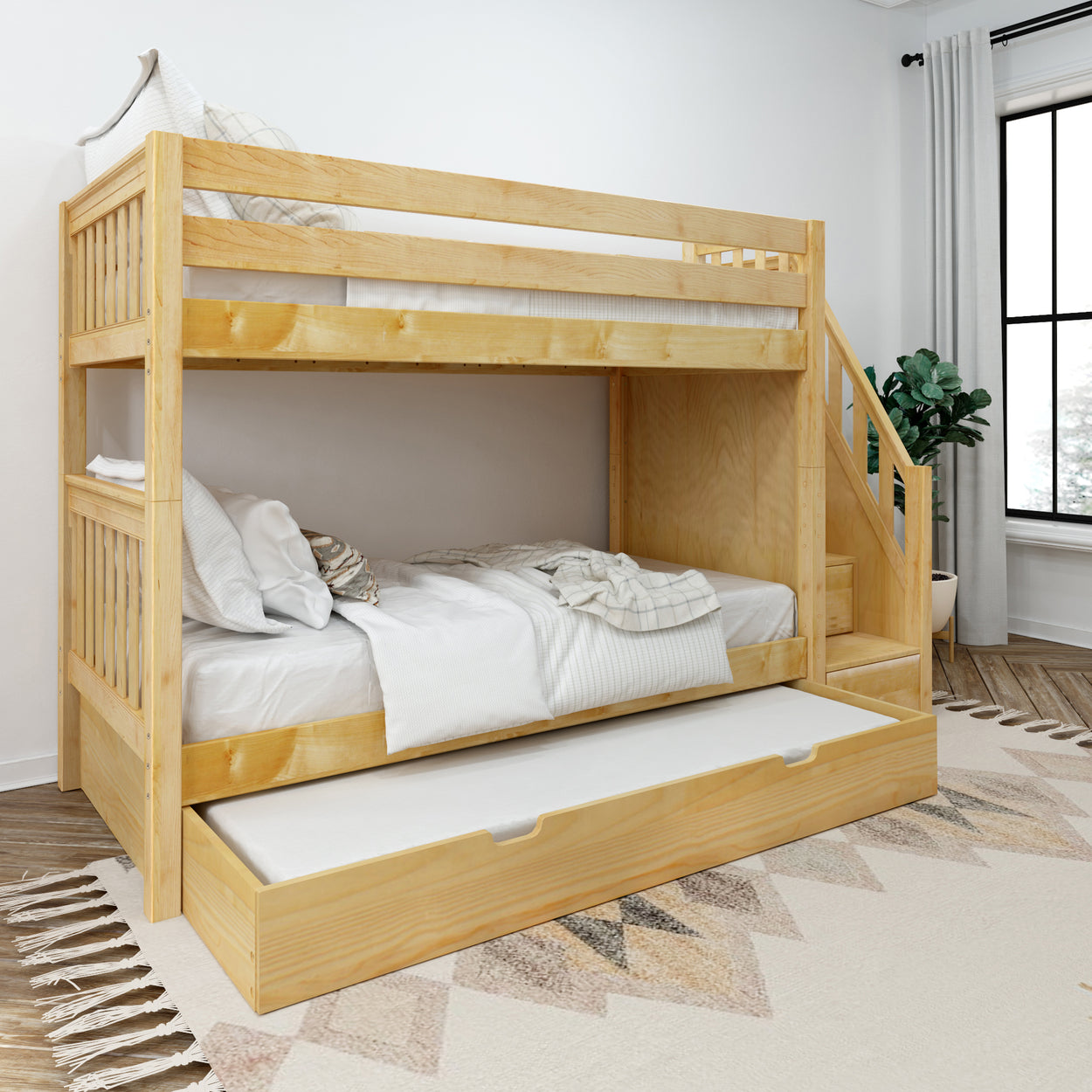 Wooden bunk bed with stairs and trundle drawer in modern bedroom.