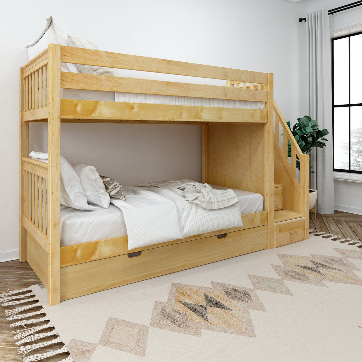 Wooden bunk bed with stairs and white bedding in a stylish, modern bedroom.