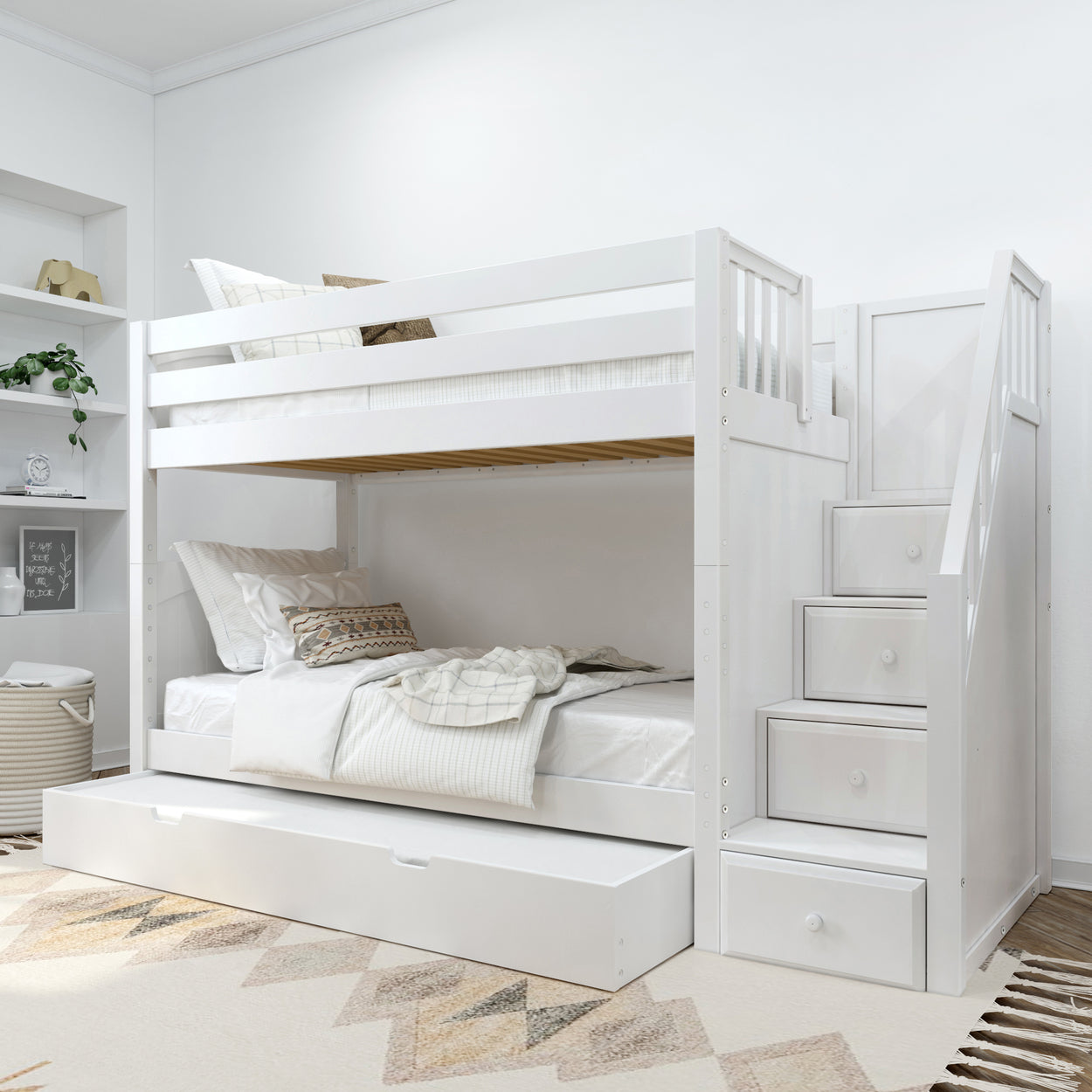 White wooden bunk bed with storage stairs in a modern bedroom setting.