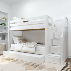 White wooden bunk bed with storage stairs in a modern bedroom setting.