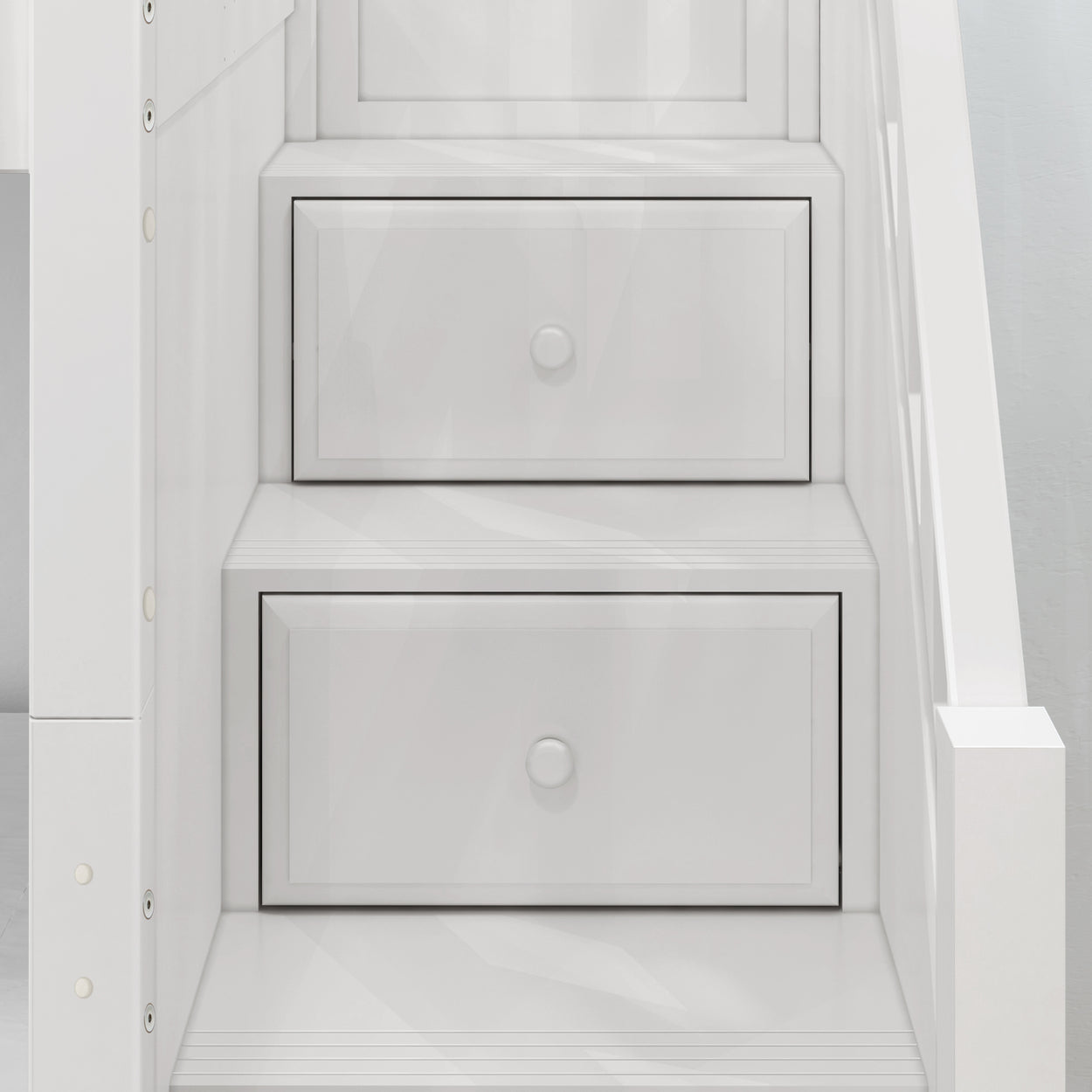 White staircase with integrated storage drawers, modern space-saving design.