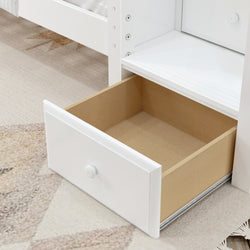 Open white wooden drawer on beige carpet, showcasing storage space in modern furniture.