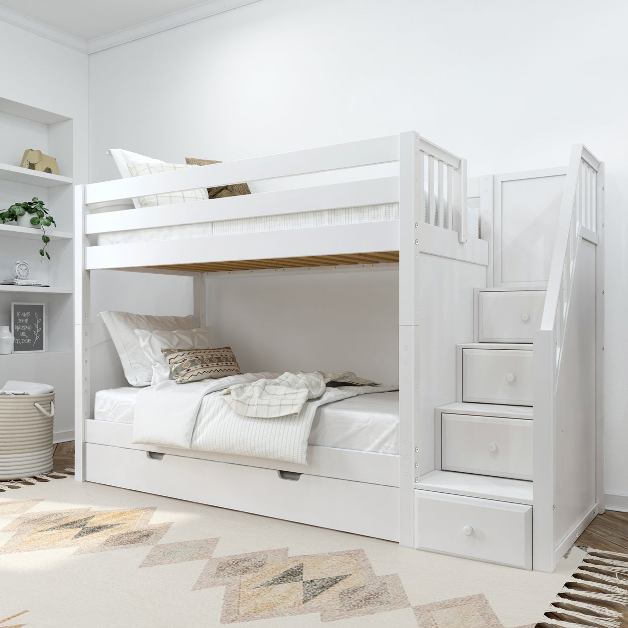 White wooden bunk bed with staircase storage in a cozy modern bedroom setting.