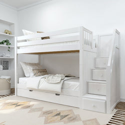 White wooden bunk bed with staircase storage in a cozy modern bedroom setting.