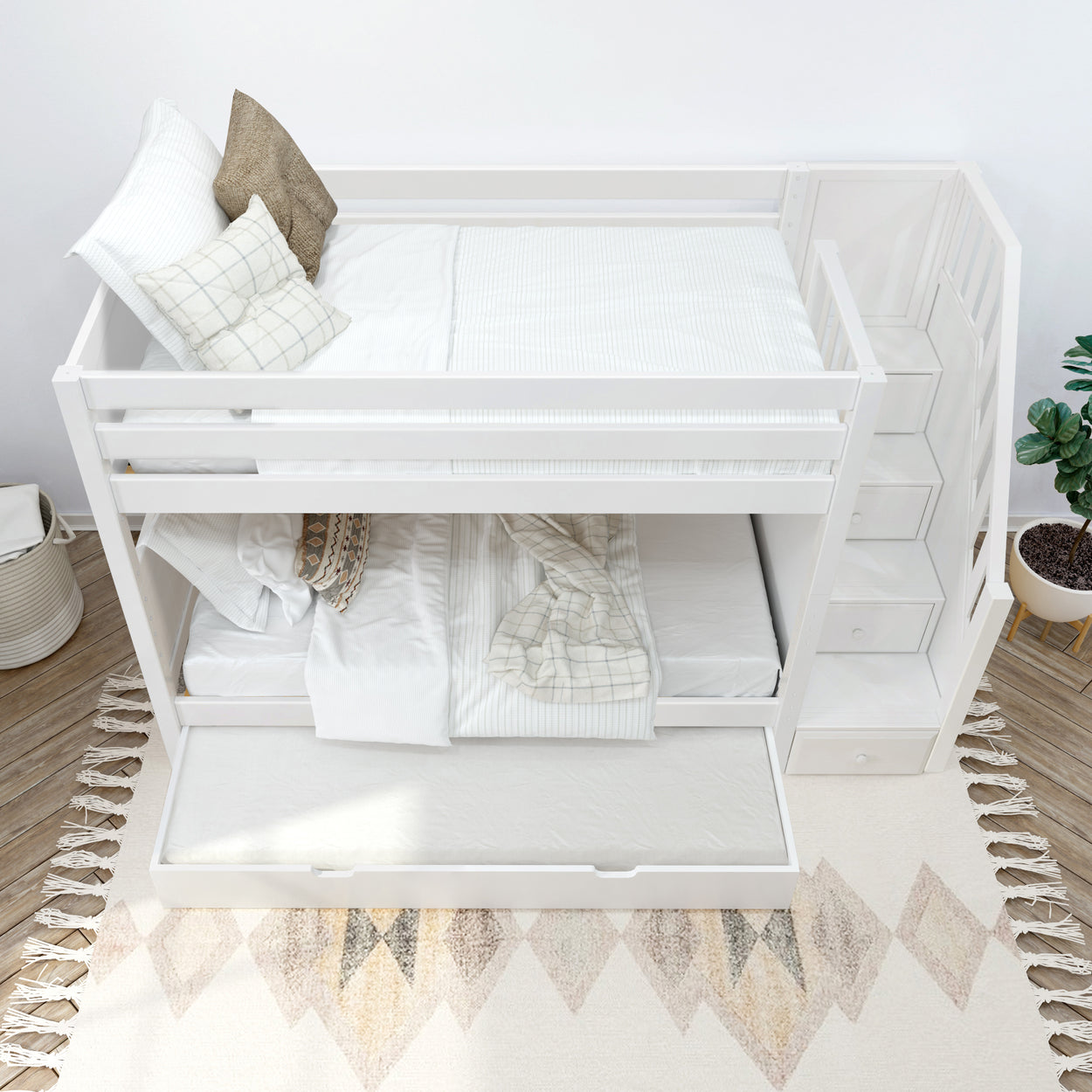 White twin bunk bed with trundle and stairs in a modern bedroom.