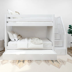 White wooden bunk bed with built-in storage stairs and trundle bed in modern bedroom.